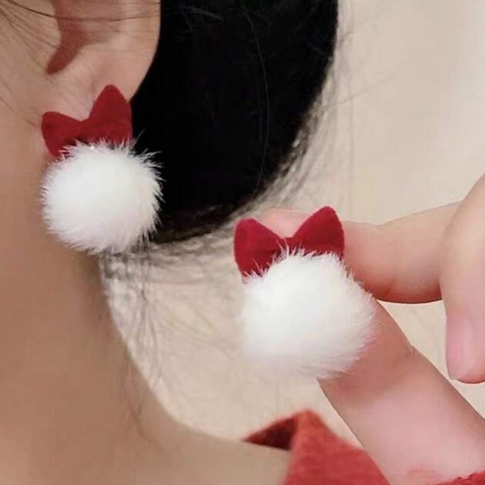 Cute Christmas Red Bow with White Pom Pom Earrings